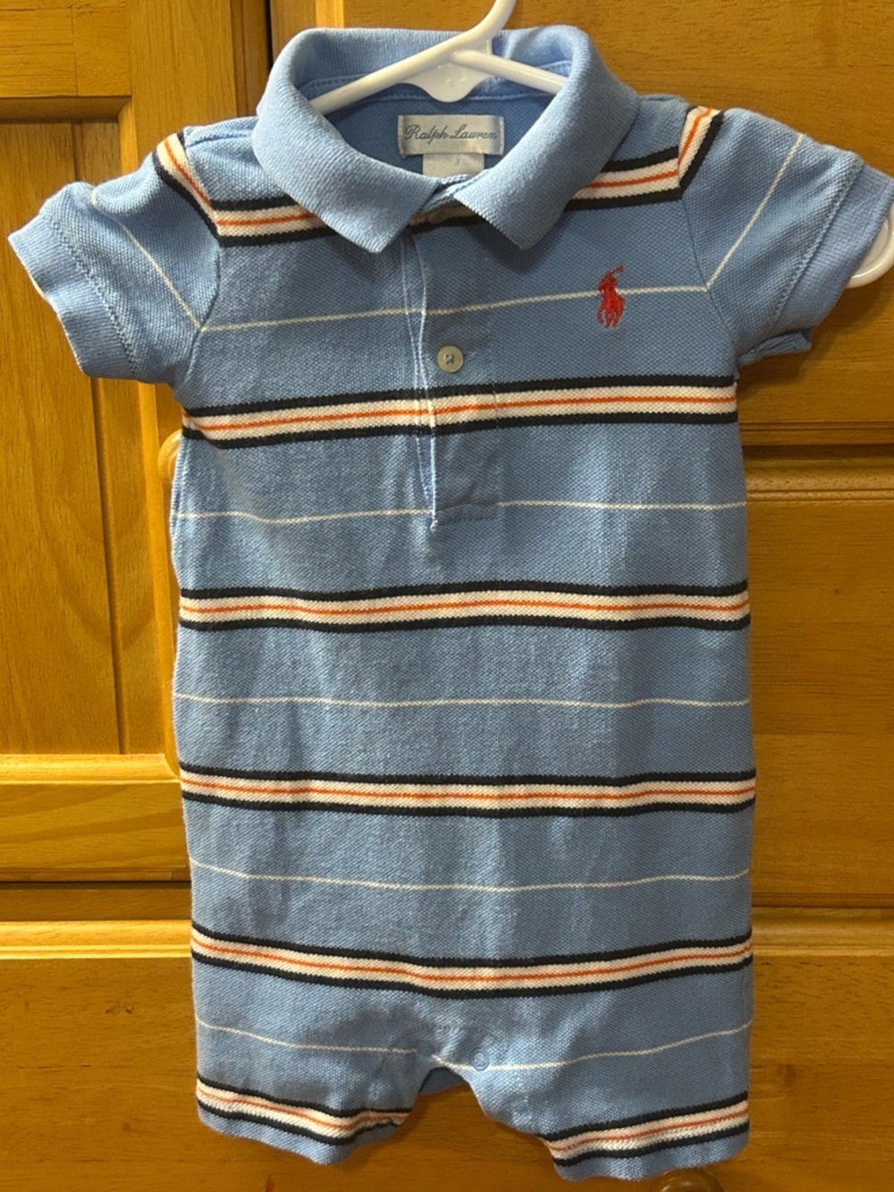 Ralph Lauren Baby Boy's Blue Romper with White, Blue & Red Stripe Size 6 Months